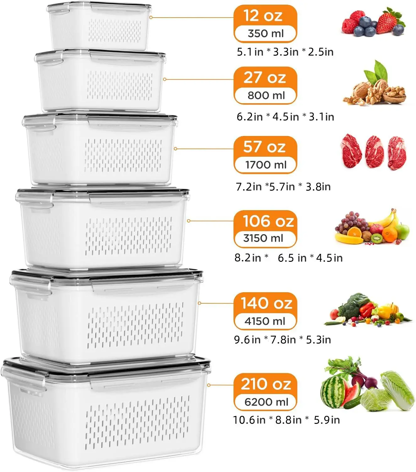 4PCS 6PCS Kitchen Washing Basket with Removable Strainer Airtight Lid Leakproof Dustproof BPA Free Food Storage Container for Fruit Vegetable Refrigerator