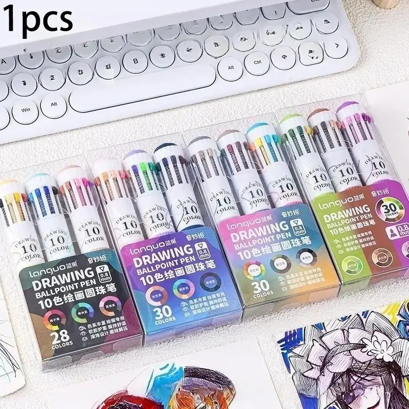 Languo Art Multi-Color Ballpoint Pens, Doodle Drawing Pen, 3 Pack 10-In-1 Retractable, 30 Colors, 0.8mm Fine Point, Smooth Writing, Stationery Gifts