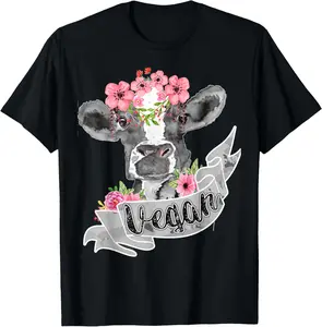100% Cotton Vegan Funny Cow With Flower Headband Gift T-Shirt