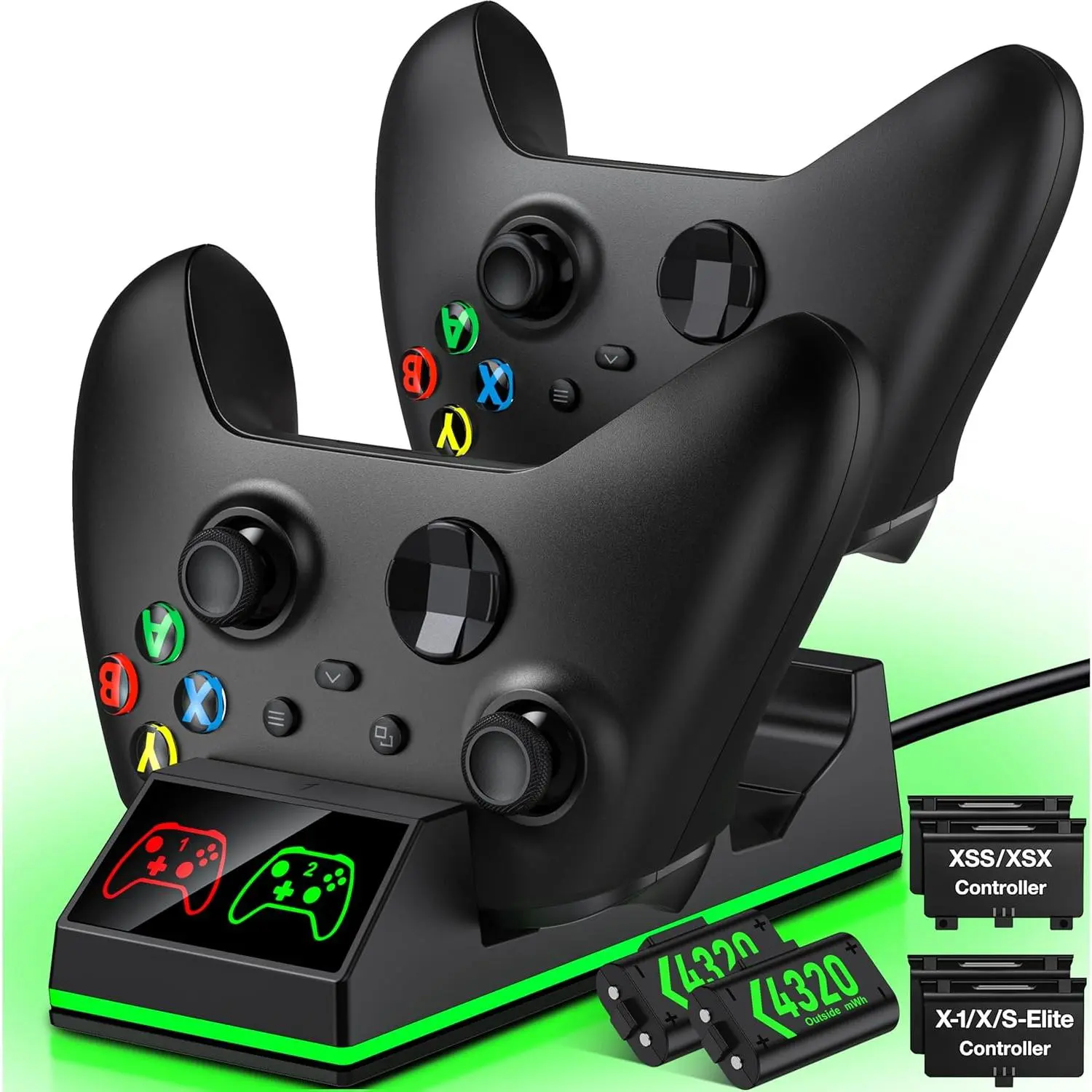 Rechargeable Xbox Controller Battery Pack - 2x 1200mAh Batteries, High-Speed Charging Station, Black, Accessories for Gamers