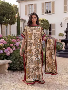 Fashionable Elegant Leopard Print Robe with Shawl and Long Scarf Headband, Beach Sunshade Satin Wrap Dress for All Seasons