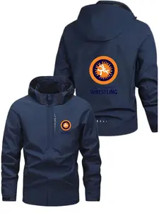 Men's Fashionable Wrestling Logo Jacket, Casual Hooded Design, Zipper Pockets, Polyester Material, Spring & Fall Wear, Loose Fit