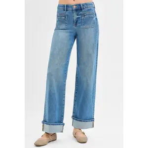 RISEN Full Size Elastic Band Mid Rise Wide Front Patch Pocket Cuff Jeans Plus Size