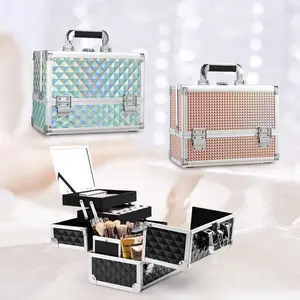 Joligrace Makeup Case with Mirror Large Makeup Box Organizer 3-Tray Makeup Train Case with Brush Holder Travel Lockable Cosmetic Box Organizer