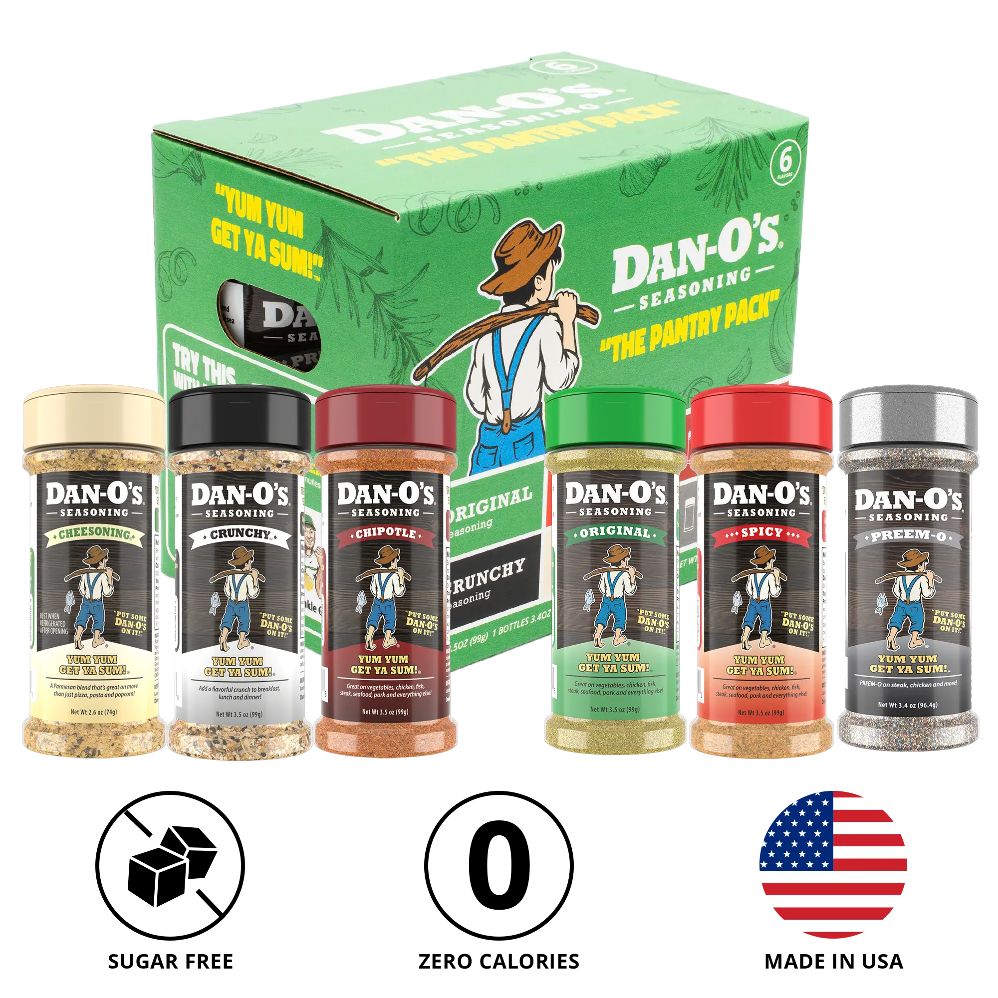 Dan-O's Seasoning Pantry Pack - Small 6 bottle Combo - Original, Spicy, Chipotle, Crunchy, Cheesoning and Preem-O - All Purpose Seasonings