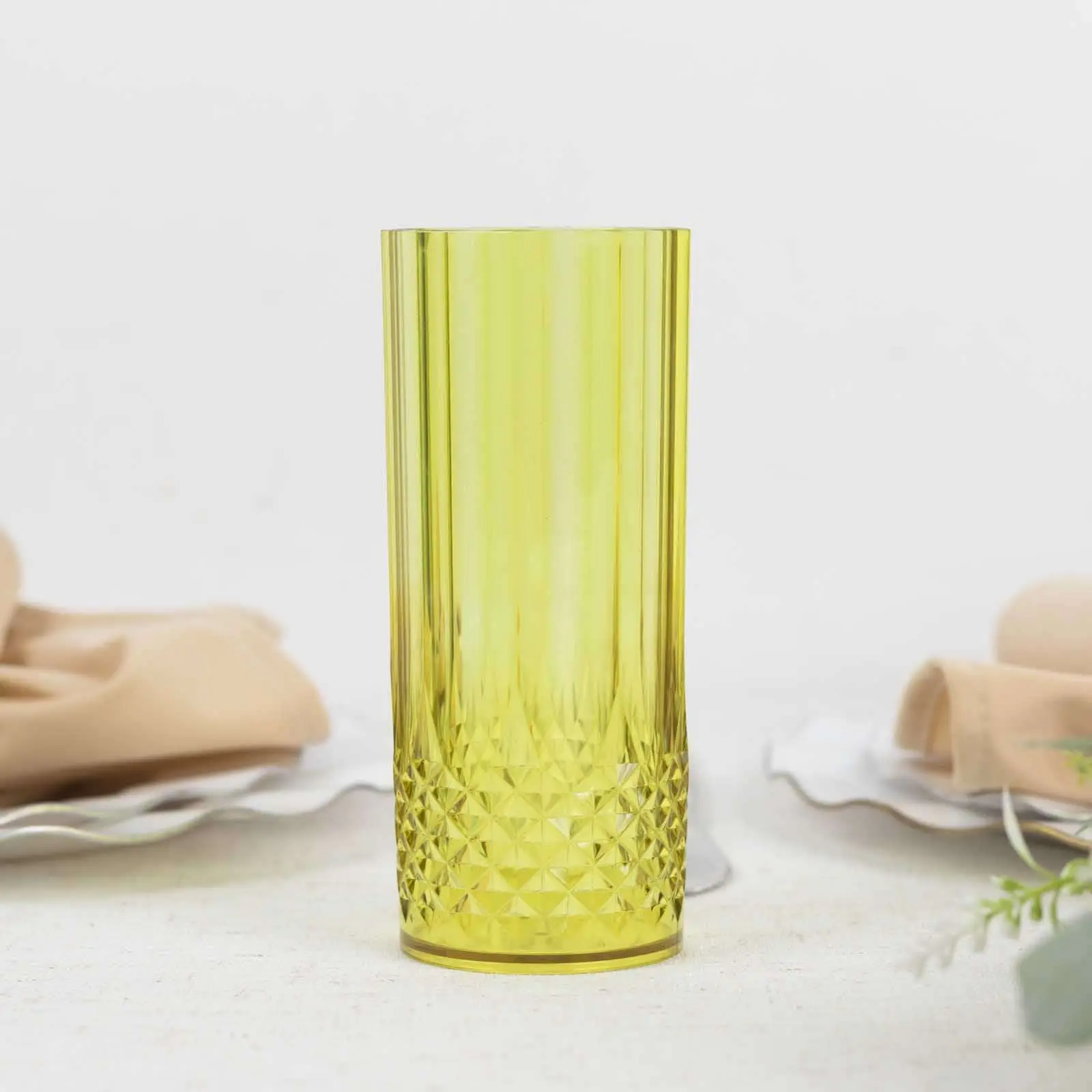 6-Pack Transparent Plastic Highball Drink Glasses 14oz, Crystal Cut Style Green - Shatterproof Tall Cocktail Tumblers
