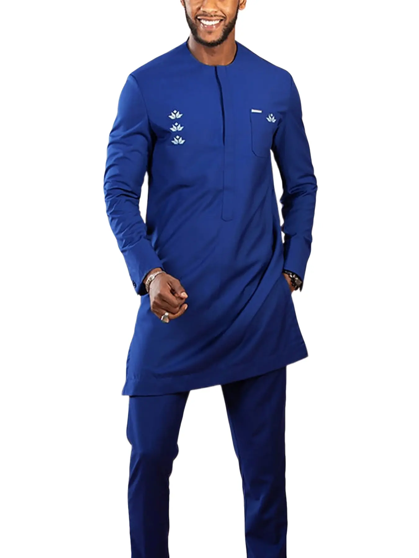 Traditional Muslim Modest Set African Style Men's Wedding New Suit 2-Piece Round Neck Long Sleeve Kurta Top and Pants Clothing