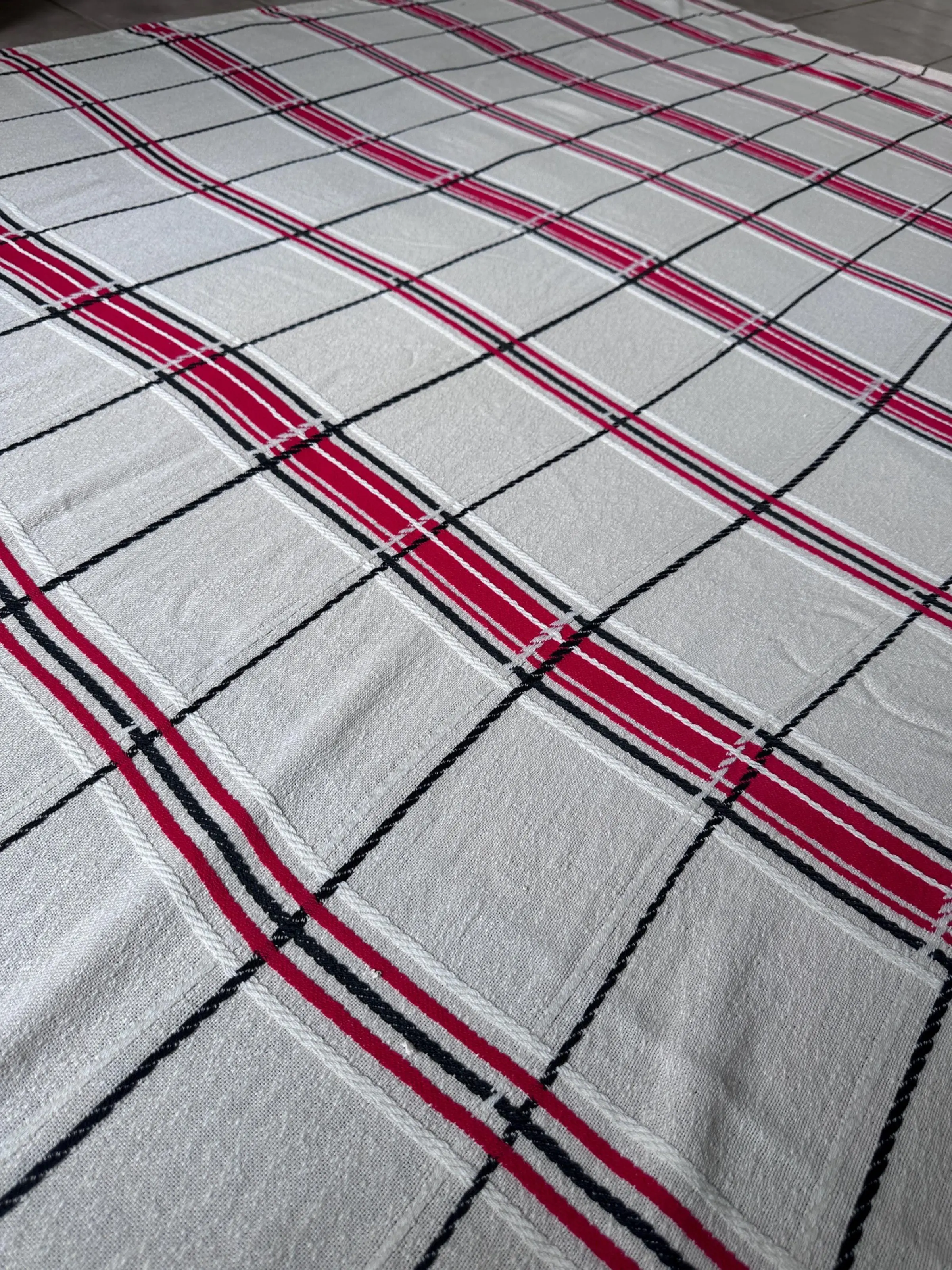 Vintage Handmade Woven Tablecloth, Picnic Blanket or Bedspread | White, Black & Red Textile | Farmhouse Boho Rustic Decor | 68” x 98”