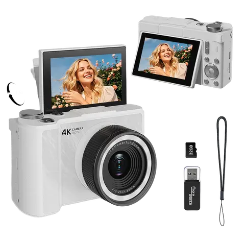 W&O 44MP Portable Compact Digital Vlogging Camera - 1080P Handheld Point & Shoot, 32GB SD Card, 16X Zoom, Night Flash, Face Detection, MP4 Video, Lanyard, Belt Clip, Screen, Cable, for Kids, Camera for Pictures