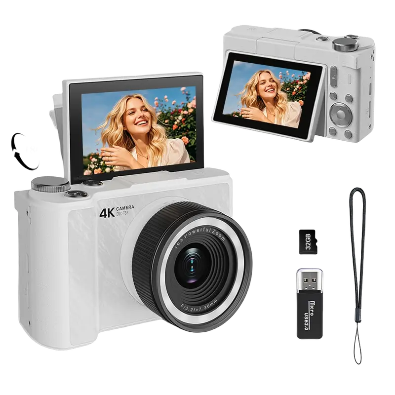 W&O 44MP Portable Compact Digital Vlogging Camera - 1080P Handheld Point & Shoot, 32GB SD Card, 16X Zoom, Night Flash, Face Detection, MP4 Video, Lanyard, Belt Clip, Screen, Cable, for Kids, Camera for Pictures