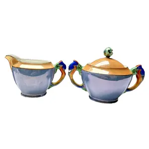 Art Deco Noritake Morimura Lusterware Figural Parrot Handles Creamer Sugar Bowl