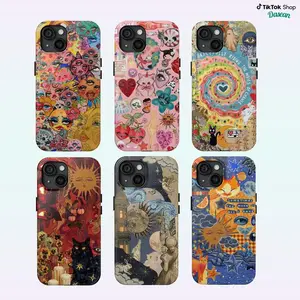 Psychedelic Celestial Collage Phone Case for iPhone 17–X, Whimsical Retro Artwork Design, Artistic Aesthetic Pattern, Durable Protective Cover