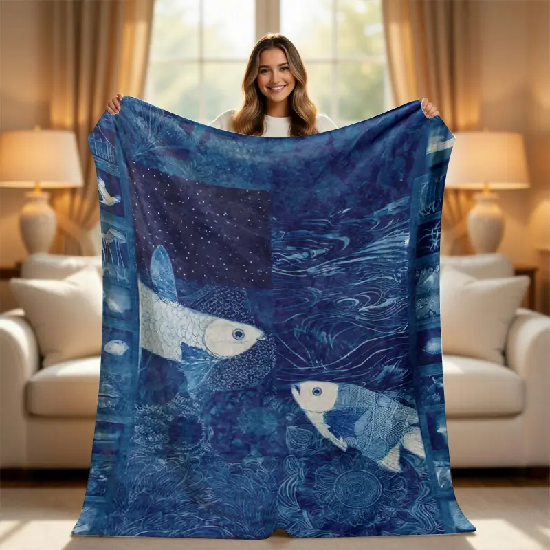 Aesthetic Deep Blue Ocean Collage Throw Blanket - Vintage Nautical Fish & Waves  Blanket - Eclectic Coastal Room Decor - Artistic Soft  Blanket for Bed & Couch