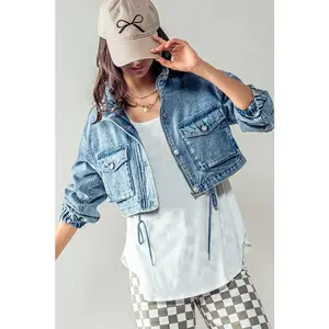 Utility Cropped Drawstring Hem Stand Collar Denim Jacket