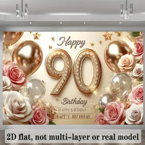 1pc 2D Flat 90th Birthday Party Backdrop Decoration - Elegant Polyester Banner with Golden & Pink Balloons, Roses, and "Happy Birthday" Text for Home, Room, or Wall Decor, Perfect for Celebra Ornaments White