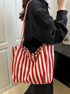 Retro Striped Canvas Slouchy Tote Bag with Large Capacity, Versatile for Work School or Outdoor, Lightweight and Foldable Bag for Girls, Lightweight Shopping Bag