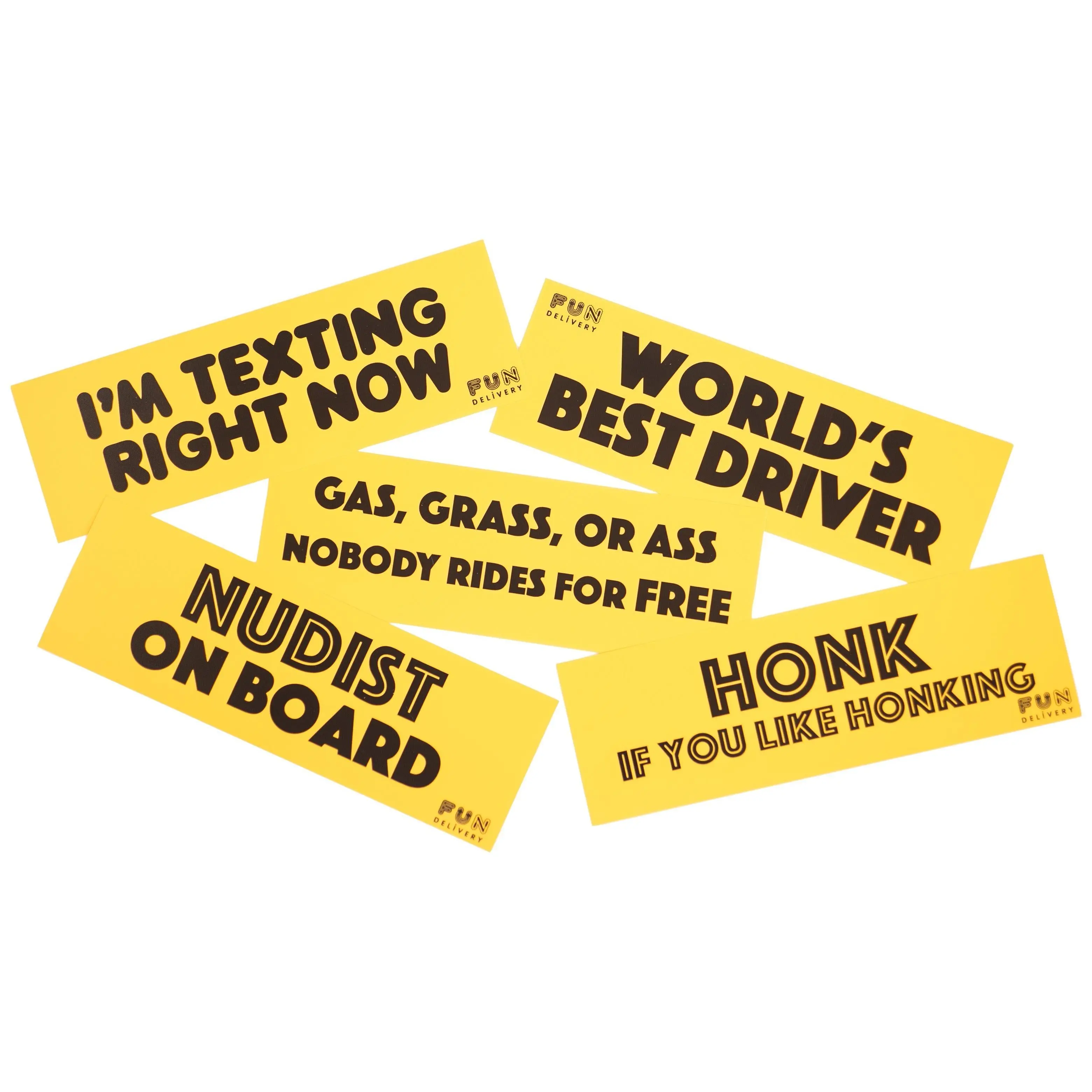 Prank Bumper Stickers by FUN Delivery – 5 Pack Removable Car Prank Decals | April Fools & White Elephant Gag Gift | Funny 3x9” Stickers
