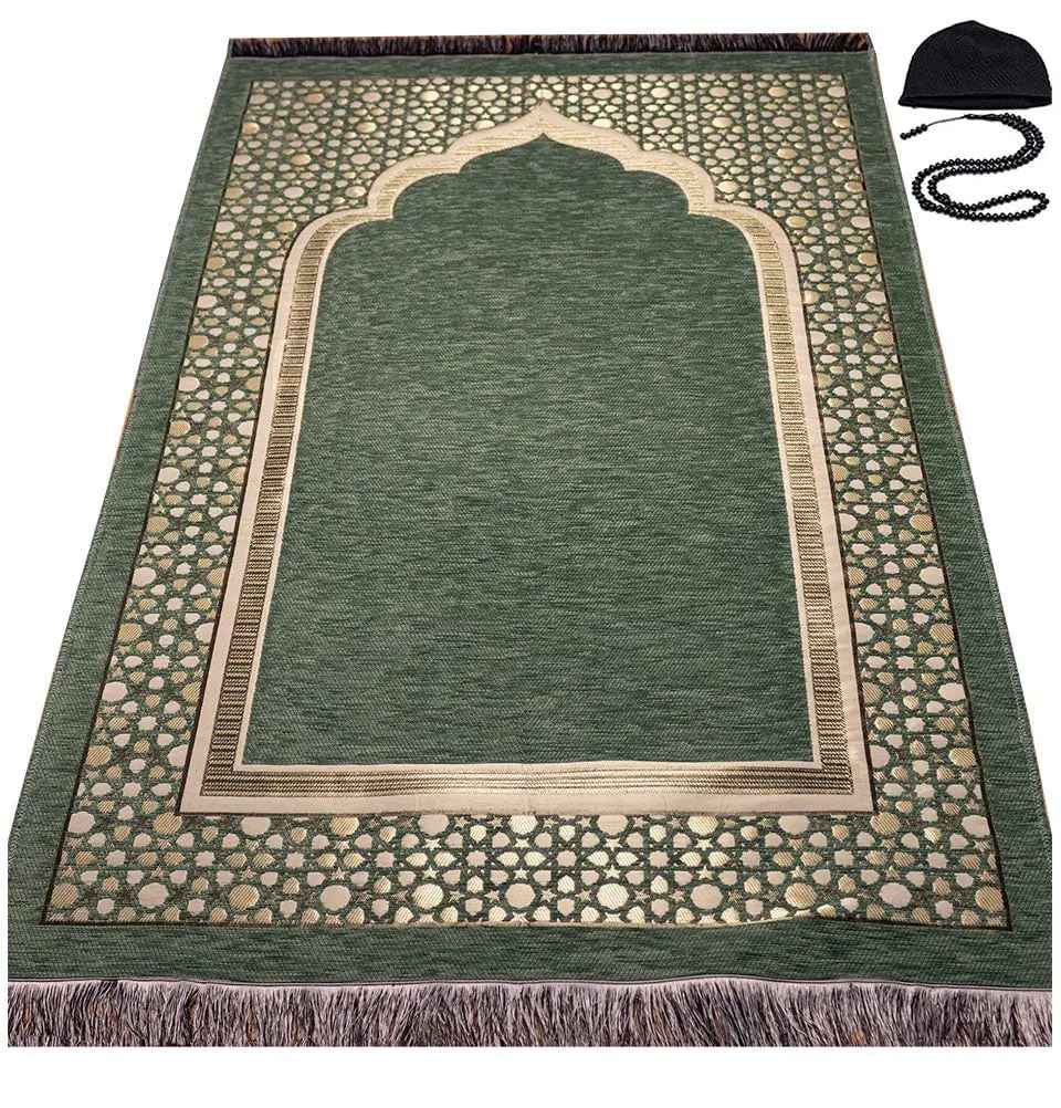Chenille Embroidered Selcuk Star Islamic Prayer Mat - Light Green