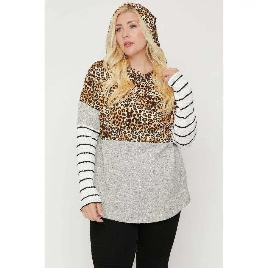 Plus Size Color Block Hoodie Featuring A Cheetah Print