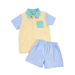 Rainbow Gingham Button Down Short Set - Cute Boys Pastel 2Pc Outfit