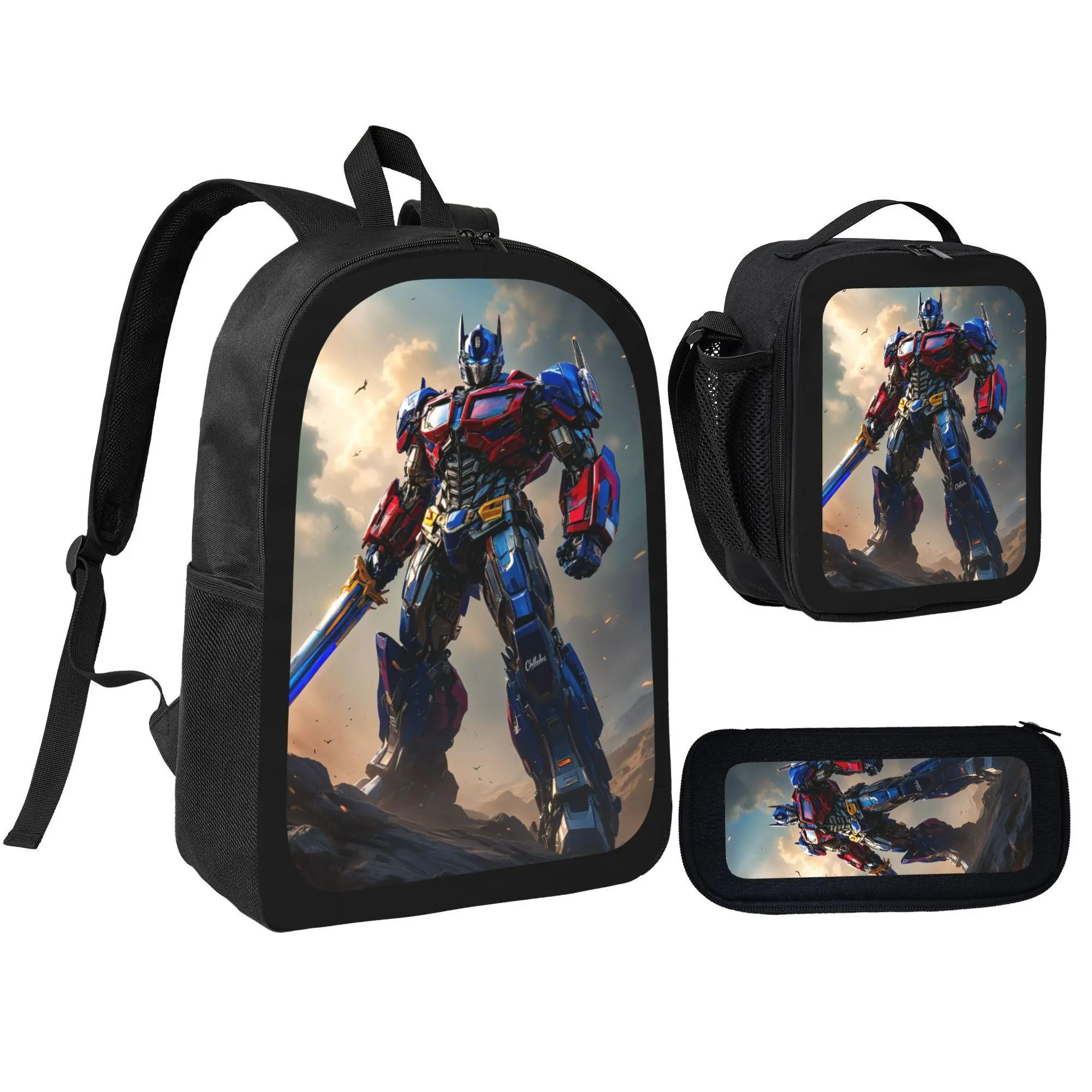 [3Pcs Backpack Set] Optimus Prime Transformer Robot Warrior with Lunch Bag Pencil Pouch School Bag For Boys Kids Students Back To School