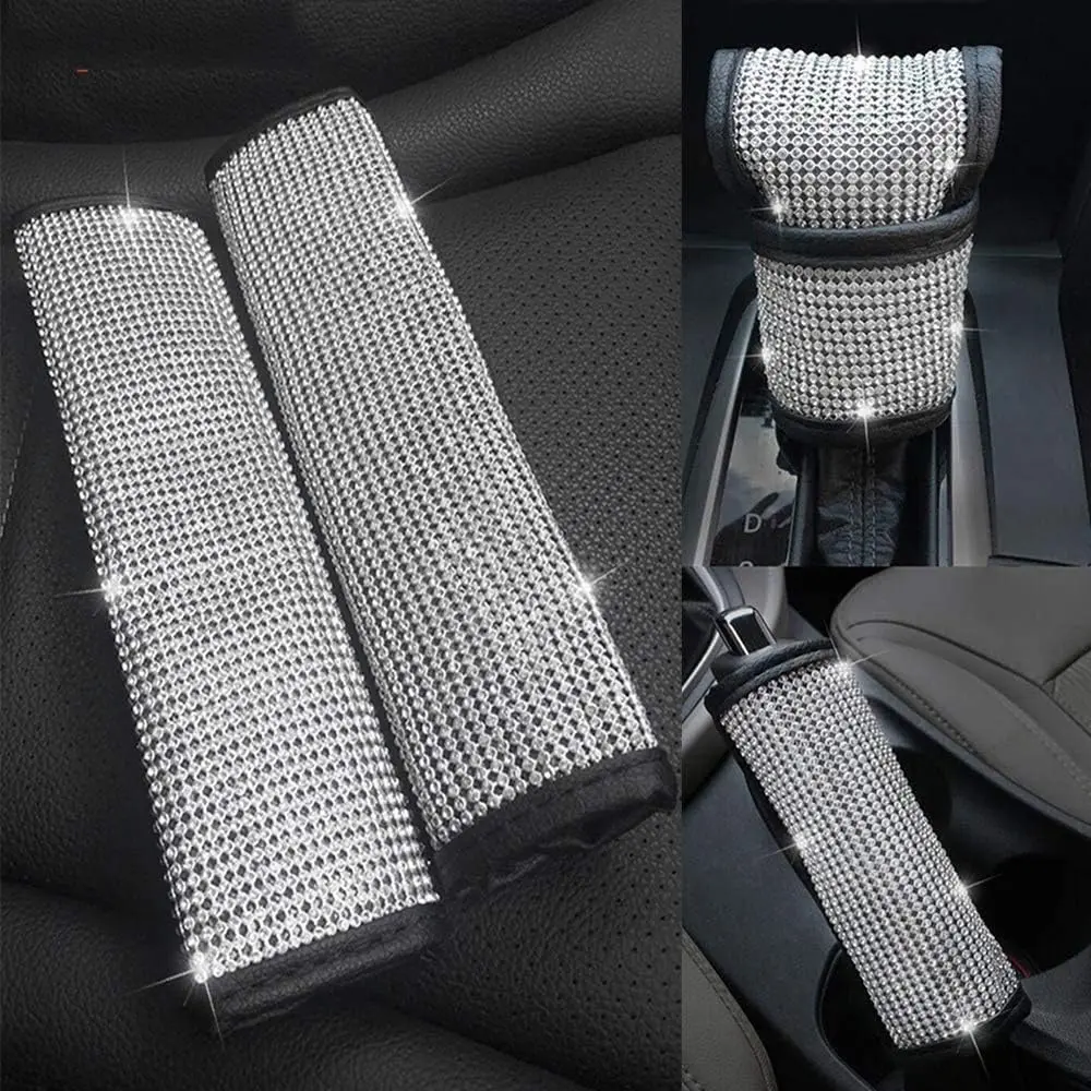 Bling Bling Seat Belt Pads for ,  Rhinestone Handbrake Cover,  Shift Gear Knob Cover for Girls or Women