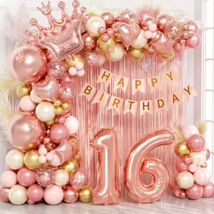 123pcs Sweet 16 Party Decorations, 16th Birthday Decorations with Sweet 16 Banner Balloon Number Fringe Curtain Rose Gold Pearl White Balloons for 16th Birthday Decorations