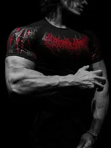 Men's Tight-Fit Short Sleeve Fitness T-Shirt, Quick-Dry Elastic Print, Ideal for Strength Training, Outdoor Cycling, Running, Streetwear