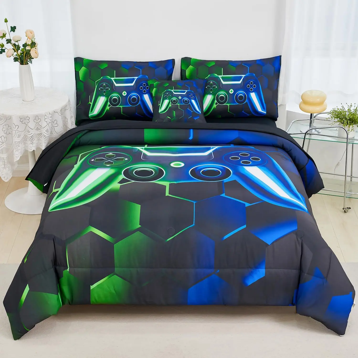 Full Size Comforter Sets for Boys 6 count Green Blue 3D  Console Gamer Teen Boy Bedding Set Bedroom Decor Full  Bed in a Bag