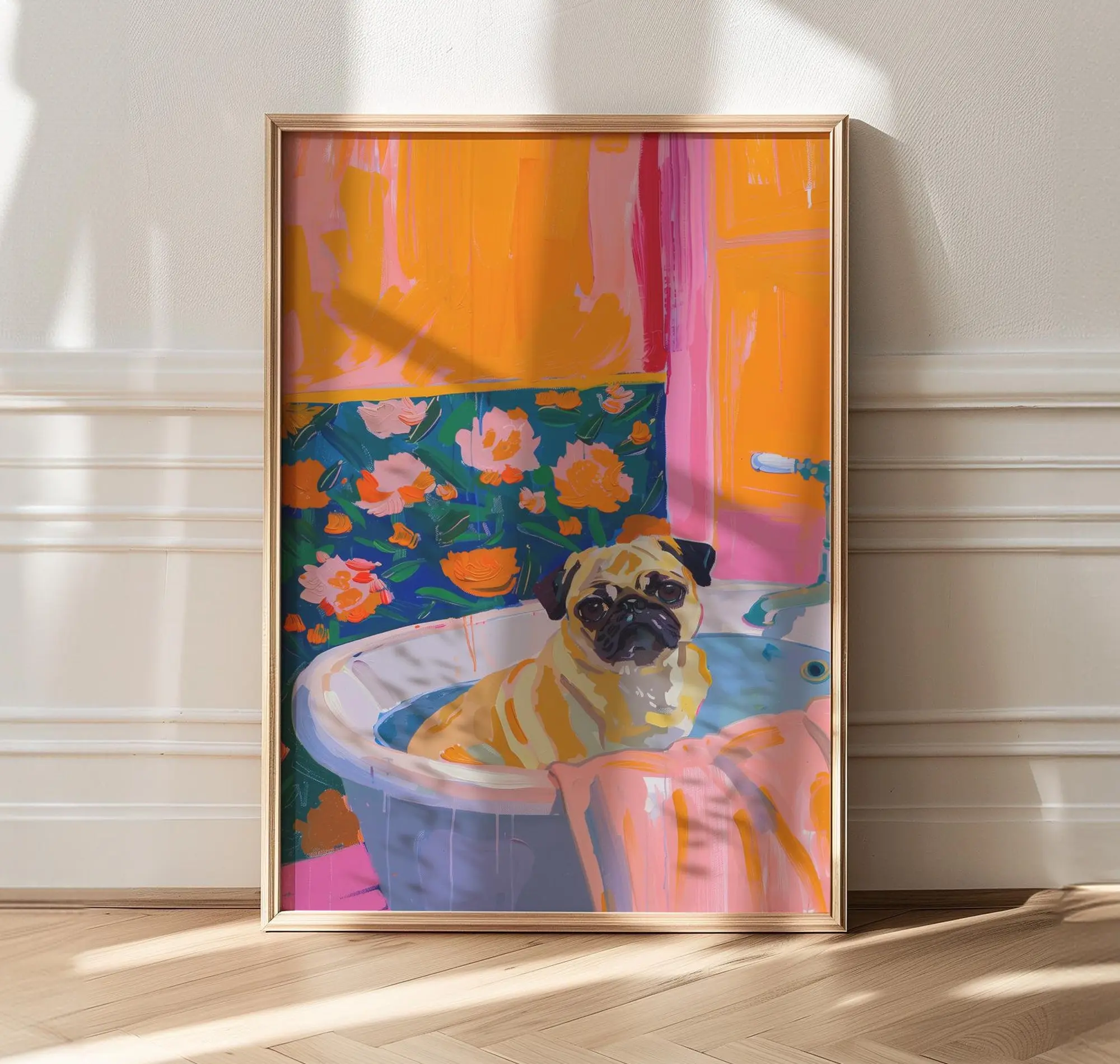 Pug Painting, Cute Pug Art, Maximalist Bathroom Decor, Trendy Dog Decor, Maximalist Bathroom Decor, Pug Dog Mom Gift, Dopamine Decor Art Photo Poster