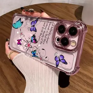 Electroplated Four Corner Anti-Fall Butterfly Flower Phone Case for iPhone 16 Pro Max 15 Plus 14 13 12 11 E Shockproof Transparent Protective Cover