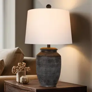 28" Rustic Black Ceramic Pot, Oversized Bedside & Living Room Lamp With White Linen Lampshade, Table Lamp For Bedroom, Living Room, Dining, Home Office, Entryway.