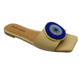 Beige Evil Eye Flat Sandals - Handmade Blue Eye Design
