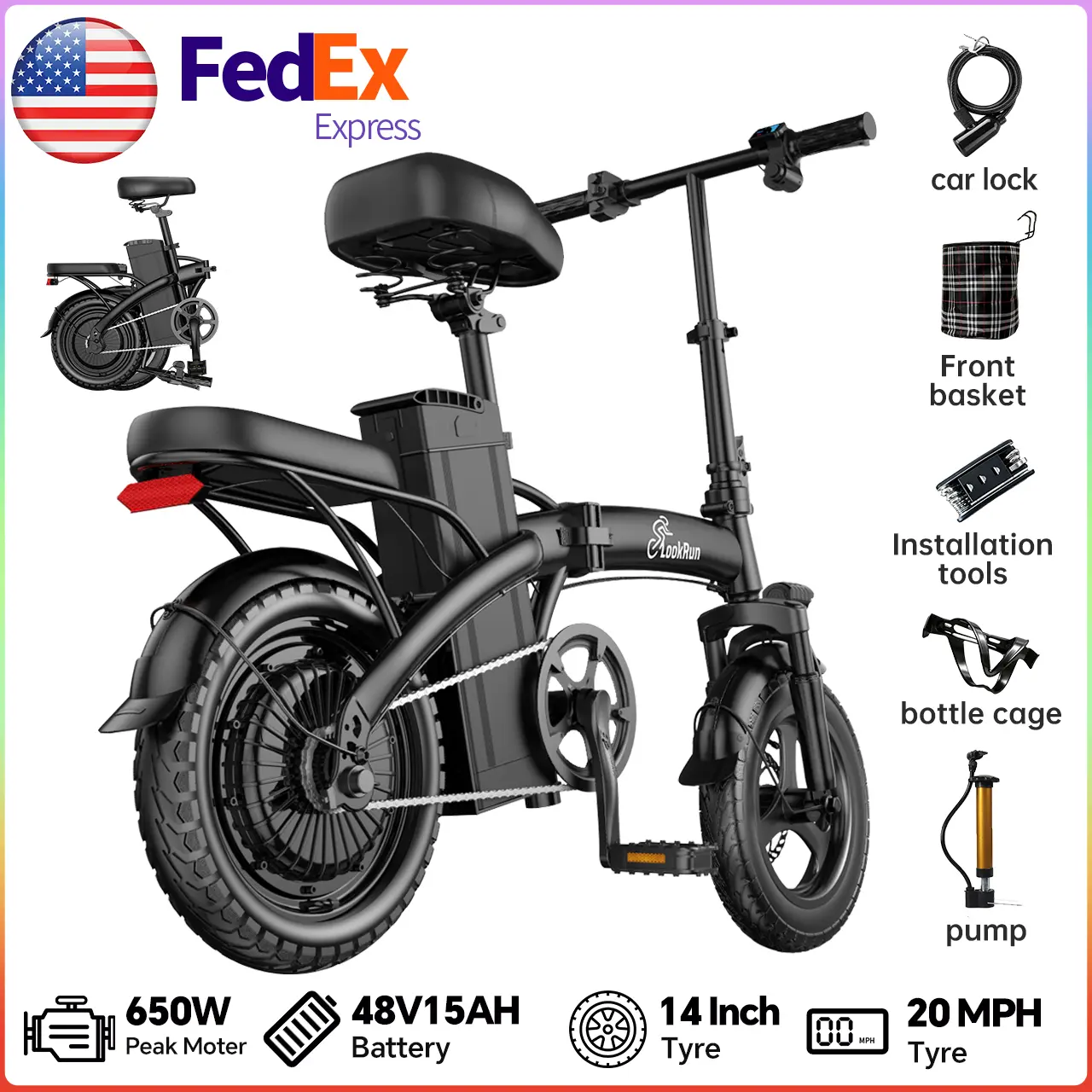 Adult Folding Electric Bike for City Commuting & Short Trips, 650W Peak Brushless Motor (45Nm Torque), 20MPH Top Speed, 48V 15Ah Removable BMS Battery (28 Mi Range), 8-Level Shock Absorption, 14-Inch Pneumatic Tires, Smart LCD Display, Dual Disc Brakes