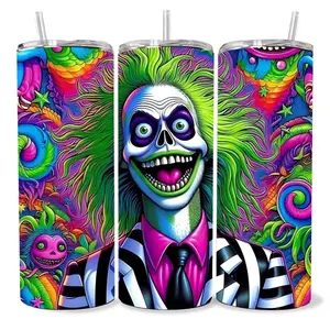 Beetlejuice Neón 20 oz Tumbler - BPA Free, Stainless Steel, Leak Proof, Clear Lid, Includes Straw