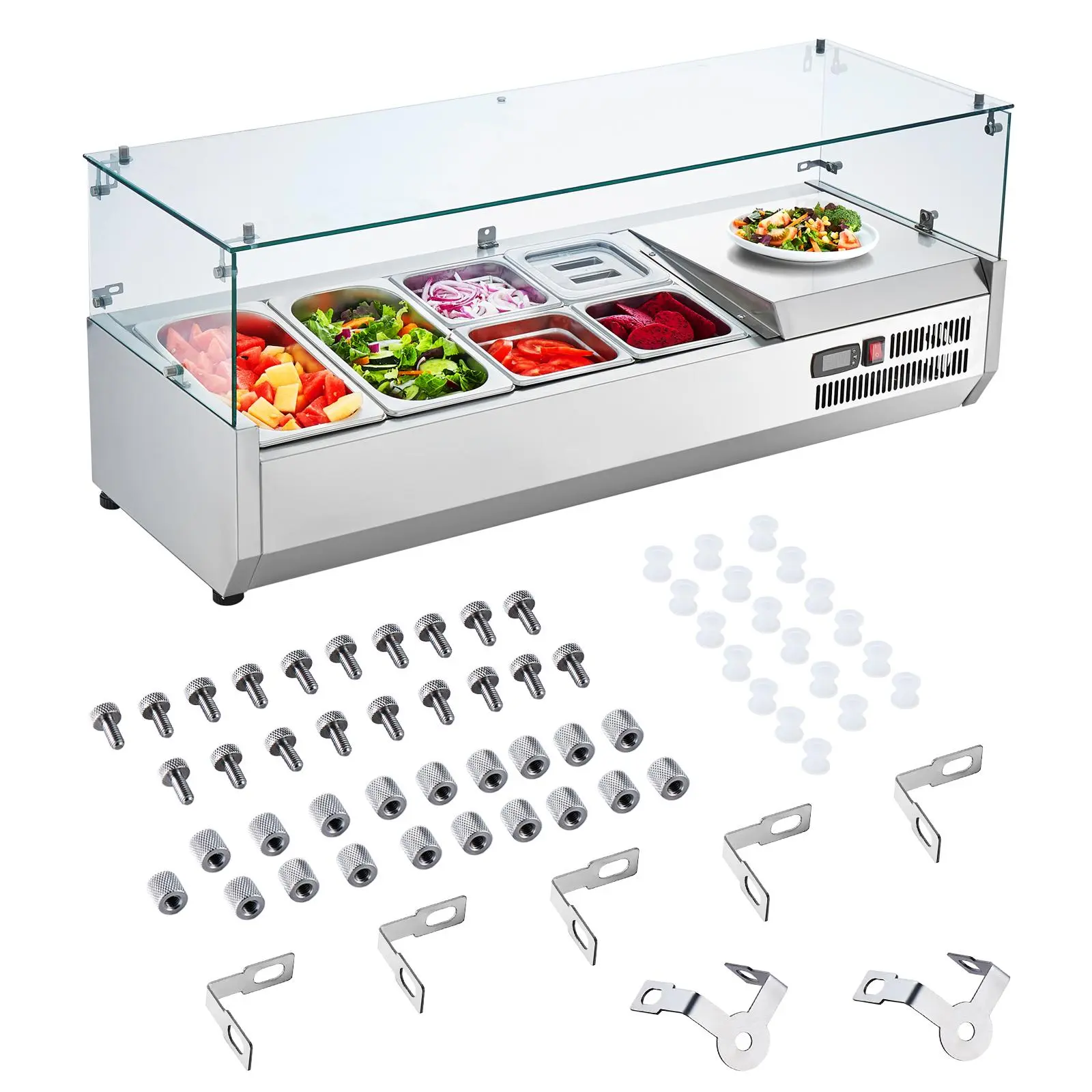【Summerfinds】VEVOR Refrigerated Condiment Prep Station,  , 135 W Countertop Refrigerated Condiment Station, with 2 1/3 Pans & 4 1/6 Pans, 304 Stainless Body and PC Lid, Sandwich Prep Table with Glass Guard, ETL
