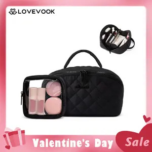 【Valentine's Day Gift】LOVEVOOK Travel Makeup Bag for Women,180° Lay-Flat Puffer Quilted Cosmetic Organizer,Portable Waterproof Toiletry Bag for Woman,Slanted Opening Make Up Bag for Everyday Use,TikTokShopJumpstartSale