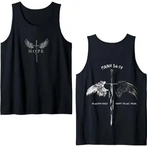 Isaiah 54:17 No Weapon Formed Tank Top, Christian Bible Verse Faith Graphic Sleeveless Shirt, Sword And Angel Wings Spiritual Aesthetic Summer Top, Religious Protection Message Streetwear Muscle Tee, Faith Tank Top