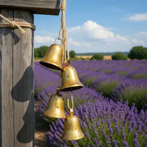 4pcs Vintage Jute Rope Gold Bell Hanging Decor, Rustic Farmhouse Trumpet Bell Ornament, Cast Holiday Wind Chime Accent for Door, Window, Wall and Home Decoration