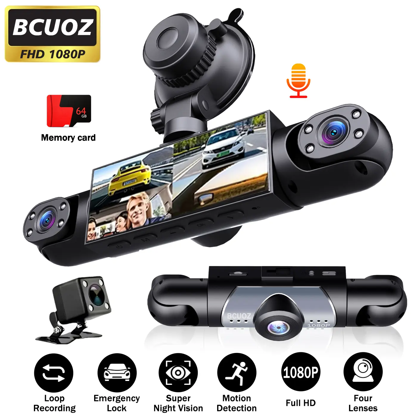 4 Channel 1080P Full HD Dash Cam with Night Vision - Front, Rear, Left & Right Coverage, 64GB Card, 3.16” IPS Screen, Wide Angle.