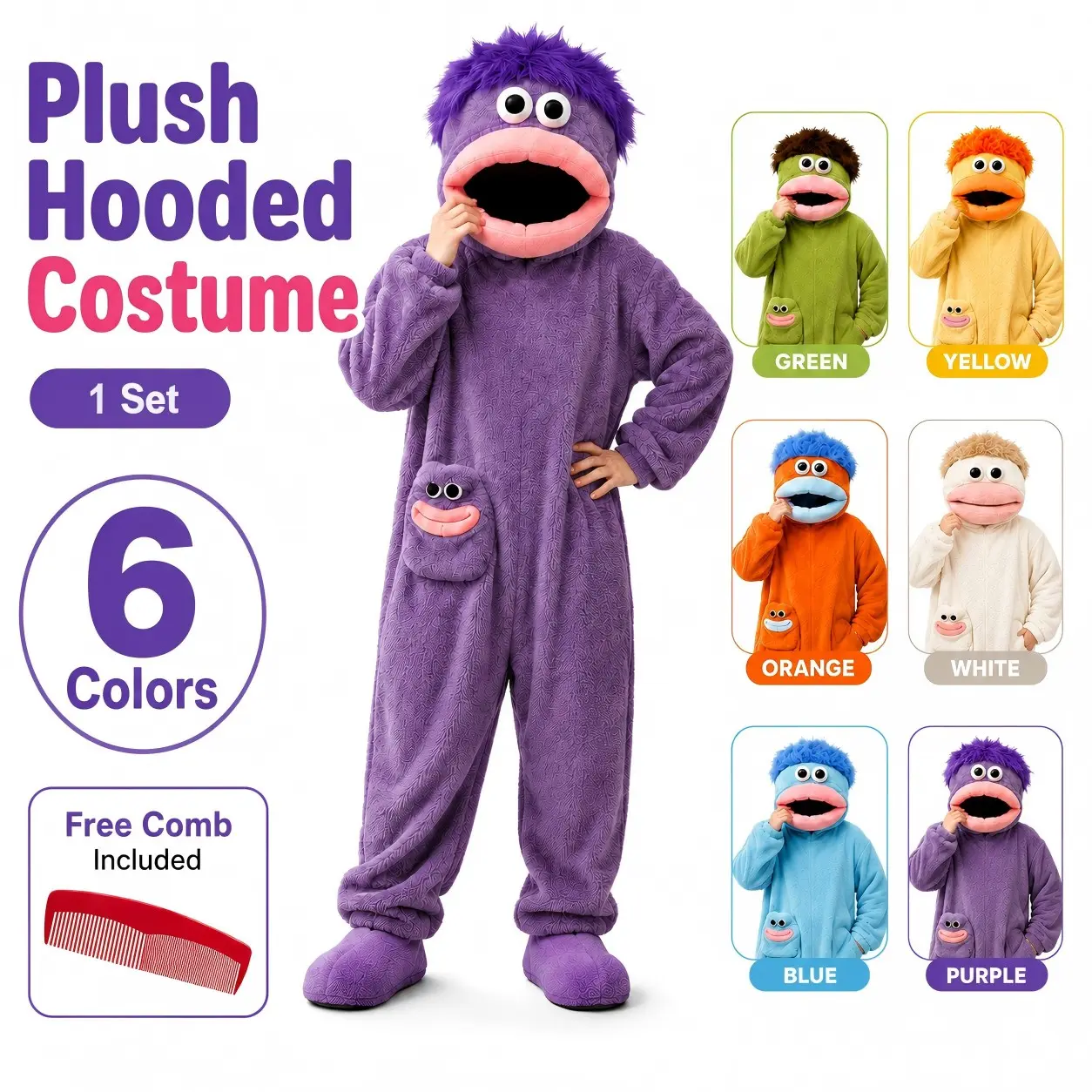 Adult Plush Hooded Party Costume, Soft Fleece Long-Sleeve Full-Body Silly Wearable Onesie with Cute Face Pocket, Fun Photo Apparel for Holidays and Gatherings