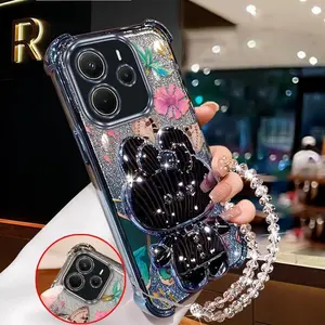 1 Piece Xiaomi Redmi Note 14 5G Case Brown butterfly With a stand and transparent beaded lanyard Pattern Comfortable feel Cover Designed Suitable For Xiaomi Redmi Note 14 5GPhone Cases Featuring Lightweight For Fashion