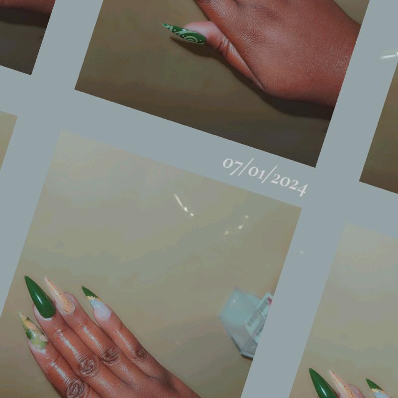 Affirm Me (BossLady) PRESS-ON 25pc Set Stilletto Shape , Hunter  Green, Gold flakes, 3D Art Nail Care Nail Polish Cosmetic Manicure Nail Art Cutics