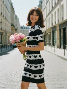 BLACK 1960S CONTRASTING HEART KNITTING DRESS Casual Chic Outfit Casual Boho Elegant Round Neck Womenswear