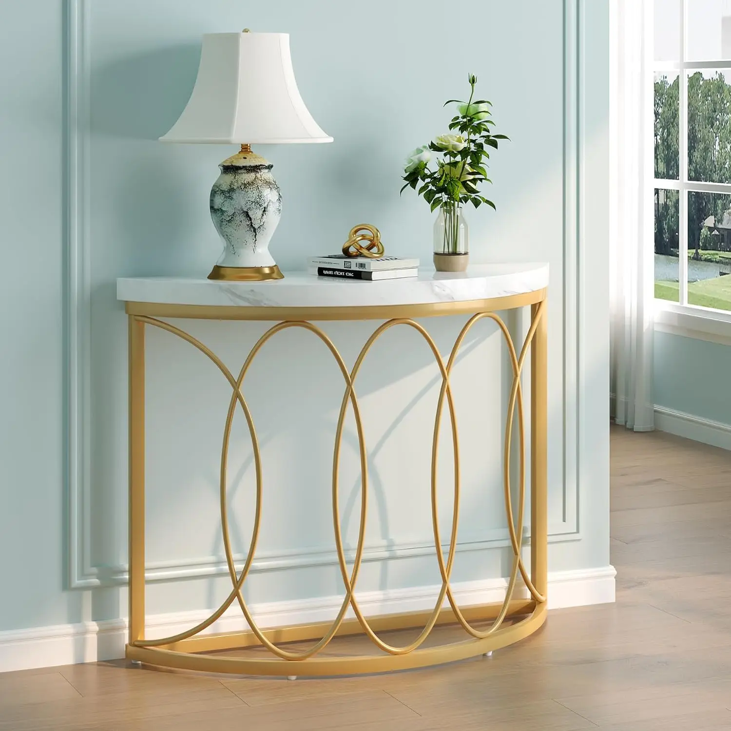 Tribesigns Half Moon Gold Console Table, 43 Inch Modern Faux Marble Entryway Table, Narrow Semi Circle Sofa Accent Table with Geometric Metal Frame for Living Room, Hallway, White & Gold