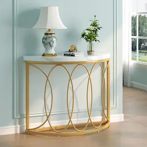 Tribesigns Half Moon Gold Console Table, 43 Inch Modern Faux Marble Entryway Table, Narrow Semi Circle Sofa Accent Table with Geometric Metal Frame for Living Room, Hallway, White & Gold