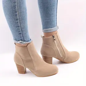 Chic Womens Solid Color Ankle Boots - Smooth Side Zip, Comfortable Chunky Heel - Classic Round Toe, Versatile Everyday Style