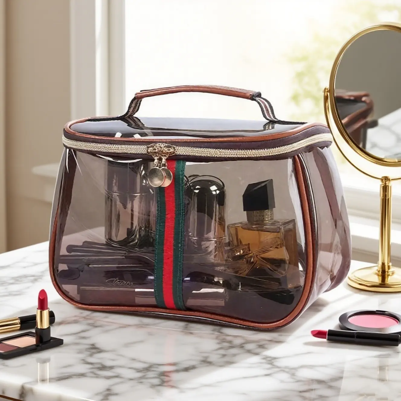 (New) Vintage PVC Reusable Waterproof Transparent High-Capacity Storage Bag with Wide Non-Restrictive Handle, Leakproof Quick Visibility Toiletry & Cosmetic Organizer for Sports & Outdoor Use, Retro, Wide Handle