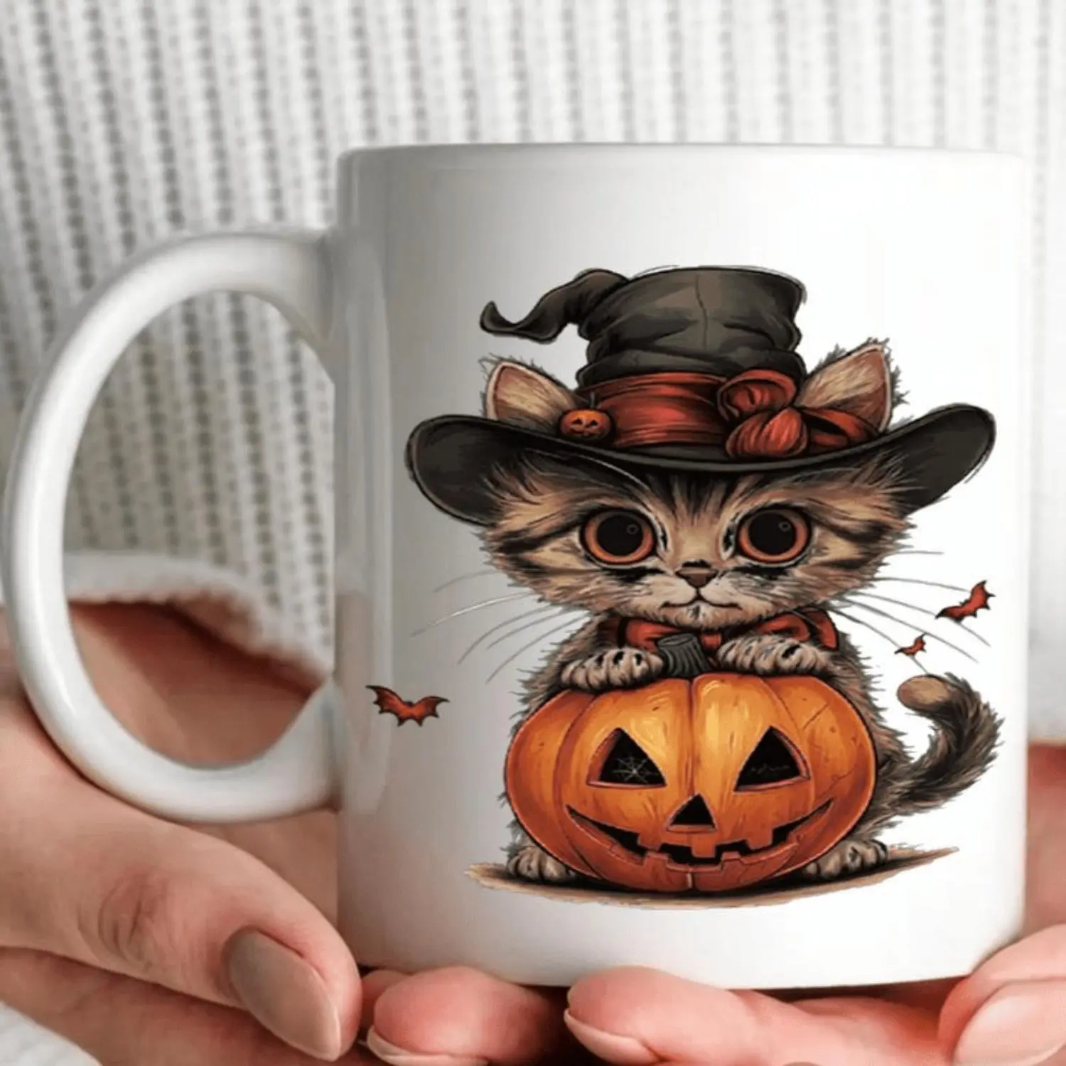 1pc 11oz Ceramic Coffee Mug Vintage 3D Kitten and Jack O Lantern Print Halloween Party Home Office Gift Cute Spooky Fall Kitchen Drinkware
