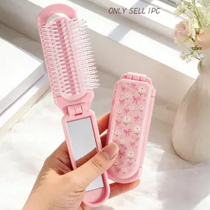Folding Comb, Spring Summer Daisy Heart Print, Portable Pocket Mirror Hair Brush, Unisex Travel Grooming Comb, Ideal Gift, Essential Brush